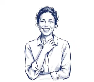 Ink illustration of a woman laughing with a confident smile