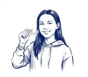 Ink illustration of a smiling teenager holding a clear aligner
